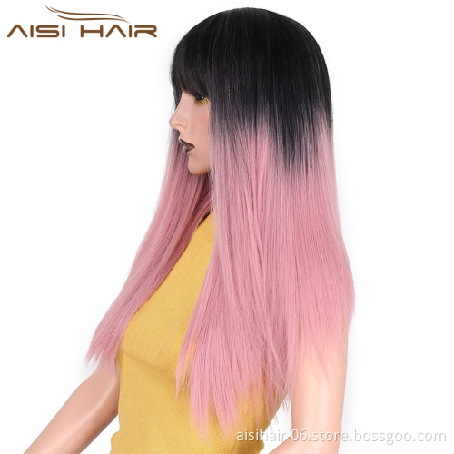 Aisi Hair Hot Selling Synthetic Ombre Pink Wig With Neat Bangs Long Straight Cosplay Wigs For Black Women Heat Resistant Fiber